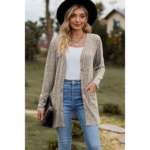Azura Exchange  Khaki Rib Knit V Neck Button up Cardigan with Pockets - Picture 4 of 6
